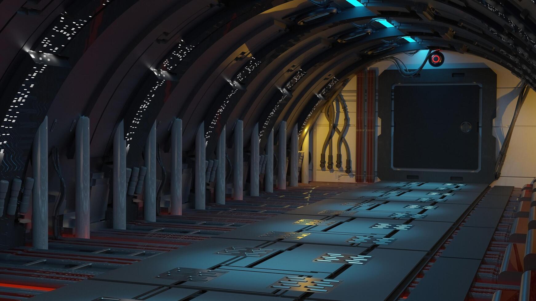 sfondo astratto di fantascienza moderna e futuristica astronave tunnel porta del corridoio, rendering di illustrazioni 3d foto