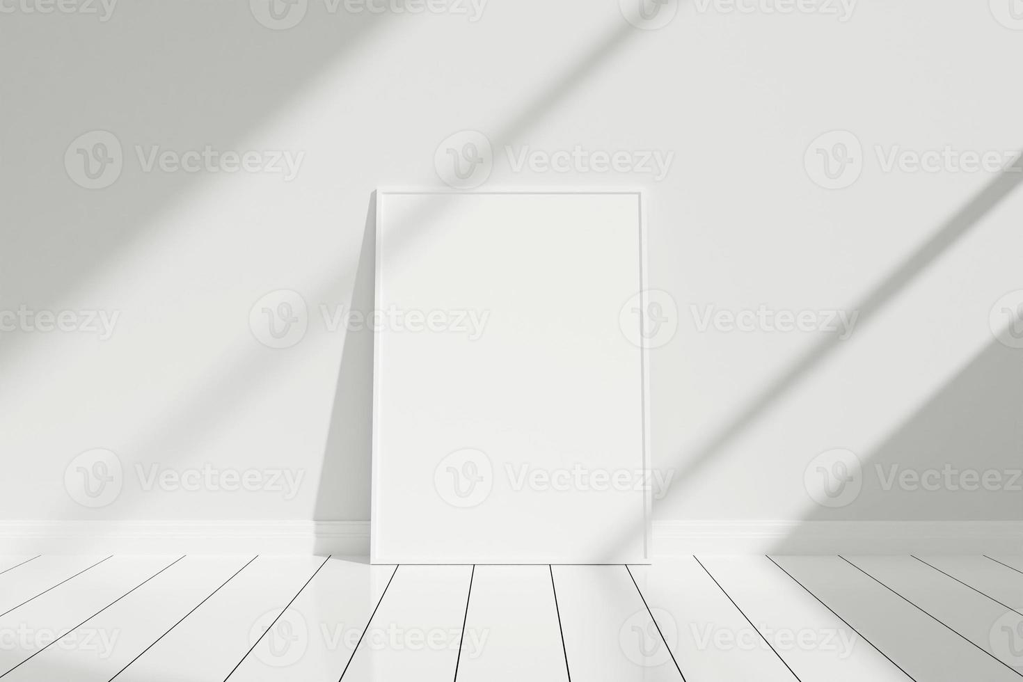 poster bianco verticale minimalista e pulito o mockup di cornice per foto sul pavimento appoggiato alla parete della stanza con ombra