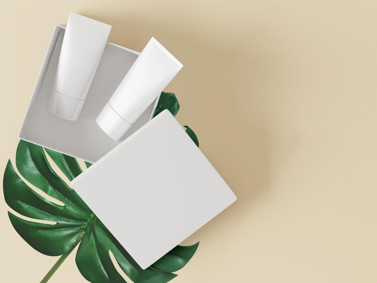 un mock up di coppia realistica tubo cosmetico bianco vuoto in una scatola bianca isolata su sfondo luminoso, rendering 3d, illustrazione 3d foto