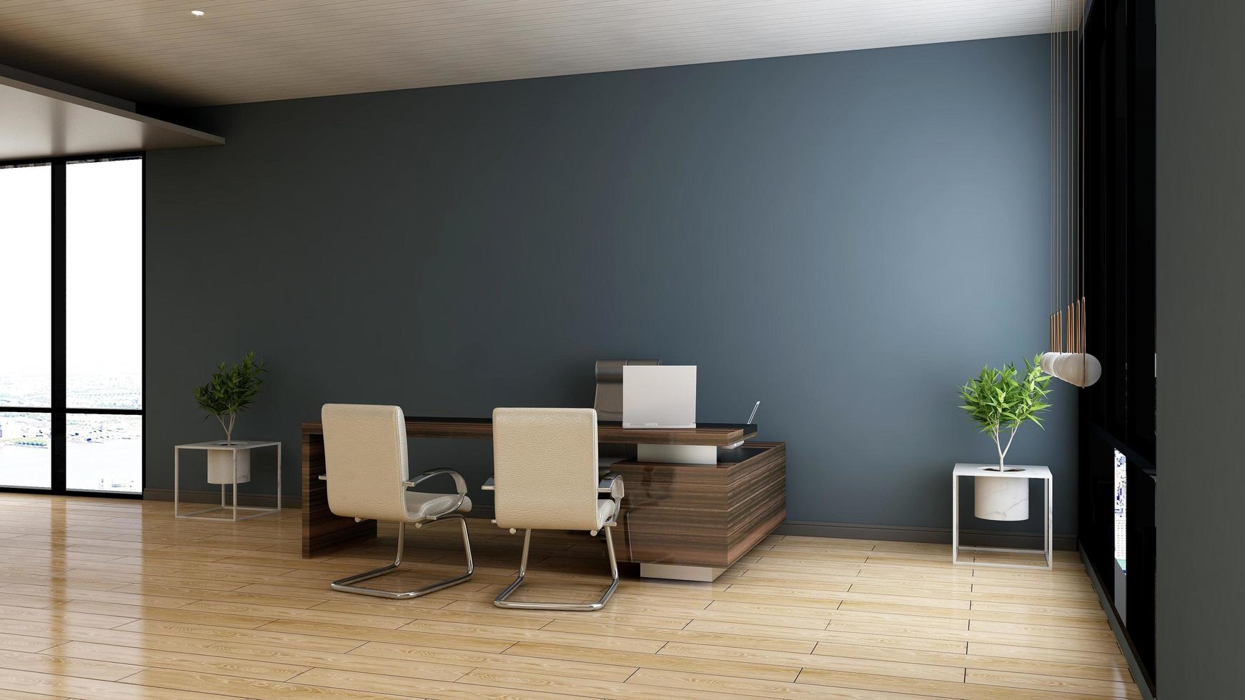 3d rendono la stanza minimalista dell'ufficio con interni di design in legno foto