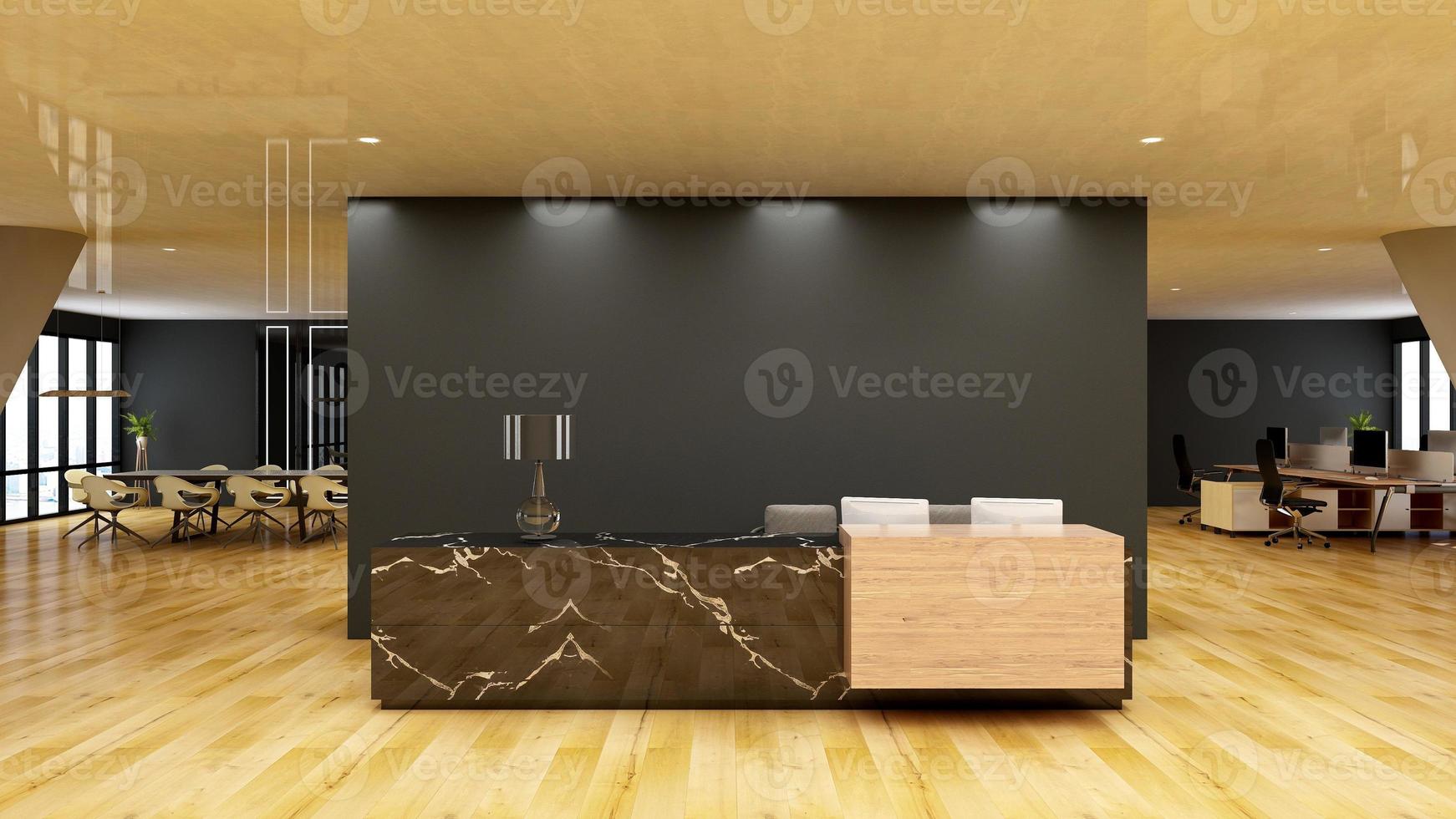 Rendering 3d moderno reception in legno o mockup di reception foto