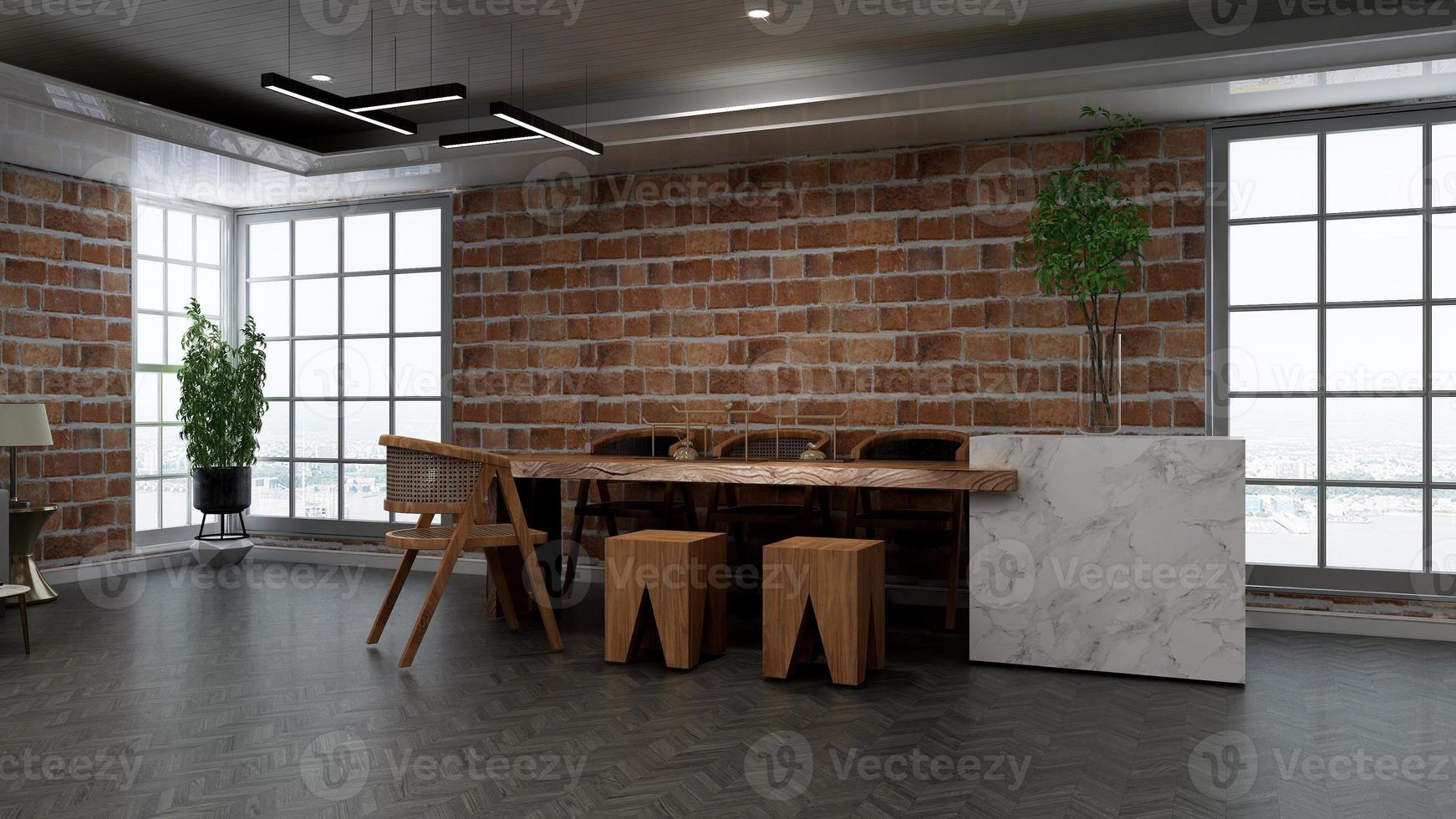 Rendering 3d ristorante o bar per mockup logo con muro di mattoni foto