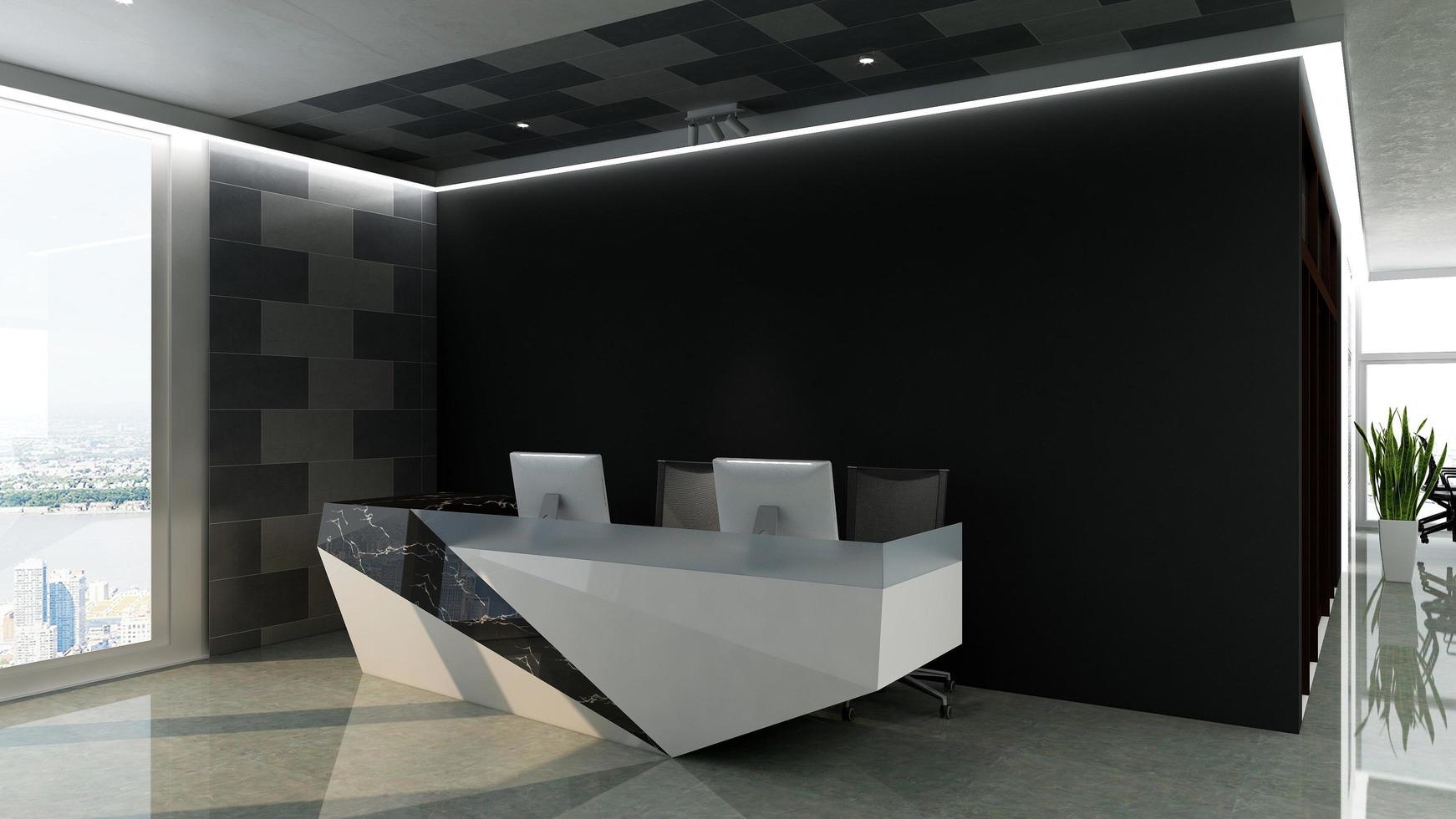 Rendering 3d moderno reception in legno o mockup di reception foto