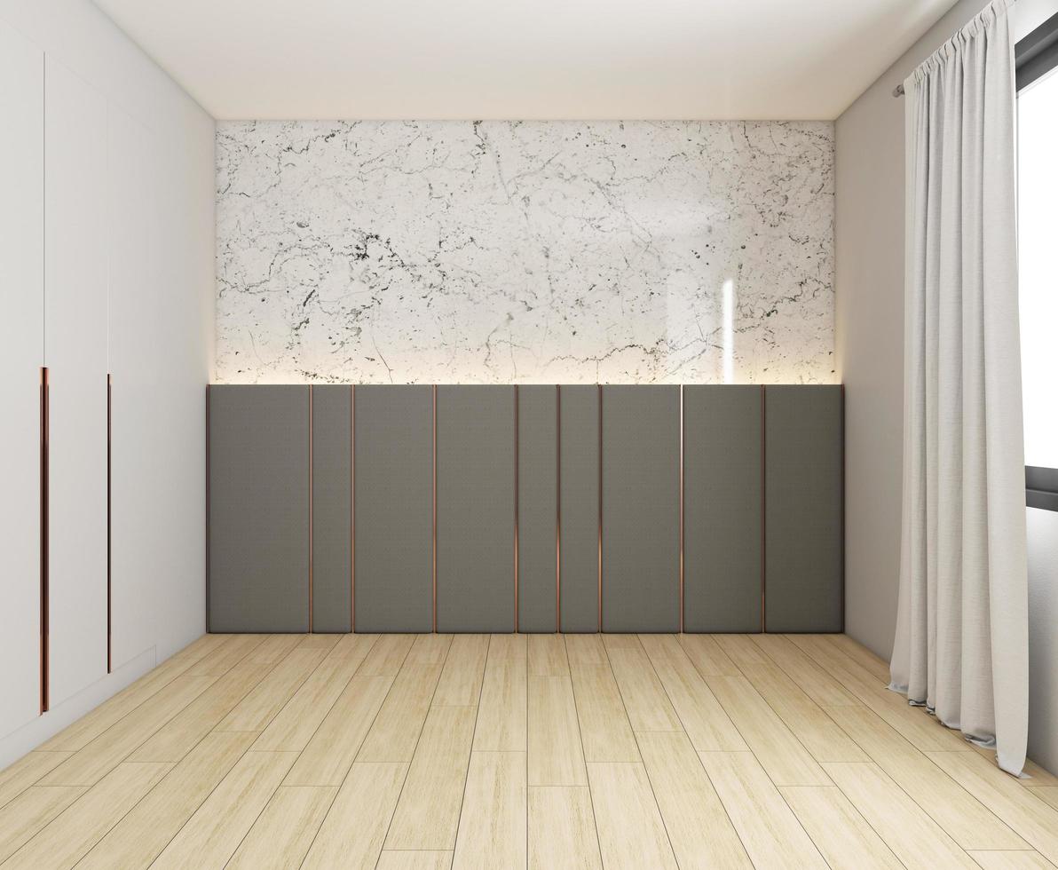 camera vuota di lusso con parete in marmo e armadio grigio, tenda bianca e pavimento in legno. rendering 3D foto