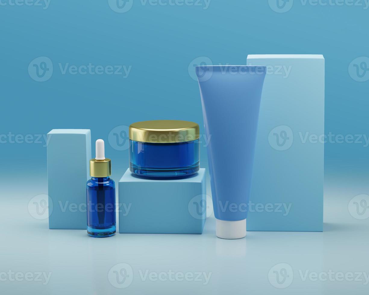 mockup set cosmetico su sfondo blu. illustrazione di rendering 3d foto