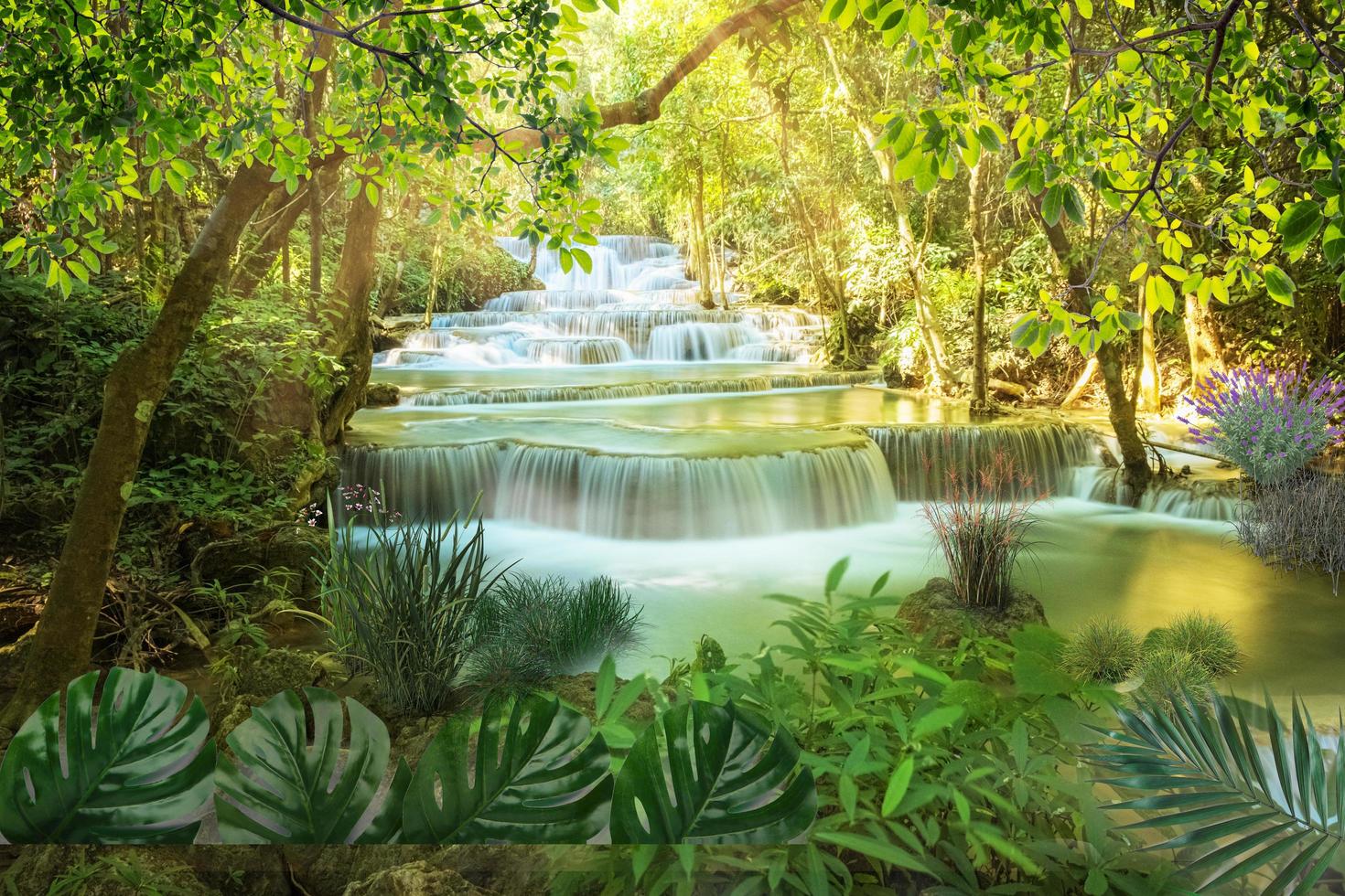 cascata di huay mae khamin a kanchanaburi, tailandia, paesaggio della giungla del sud-est asiatico con incredibili acque turchesi della cascata della cascata nella profonda foresta pluviale tropicale. paesaggio e destinazioni di viaggio foto