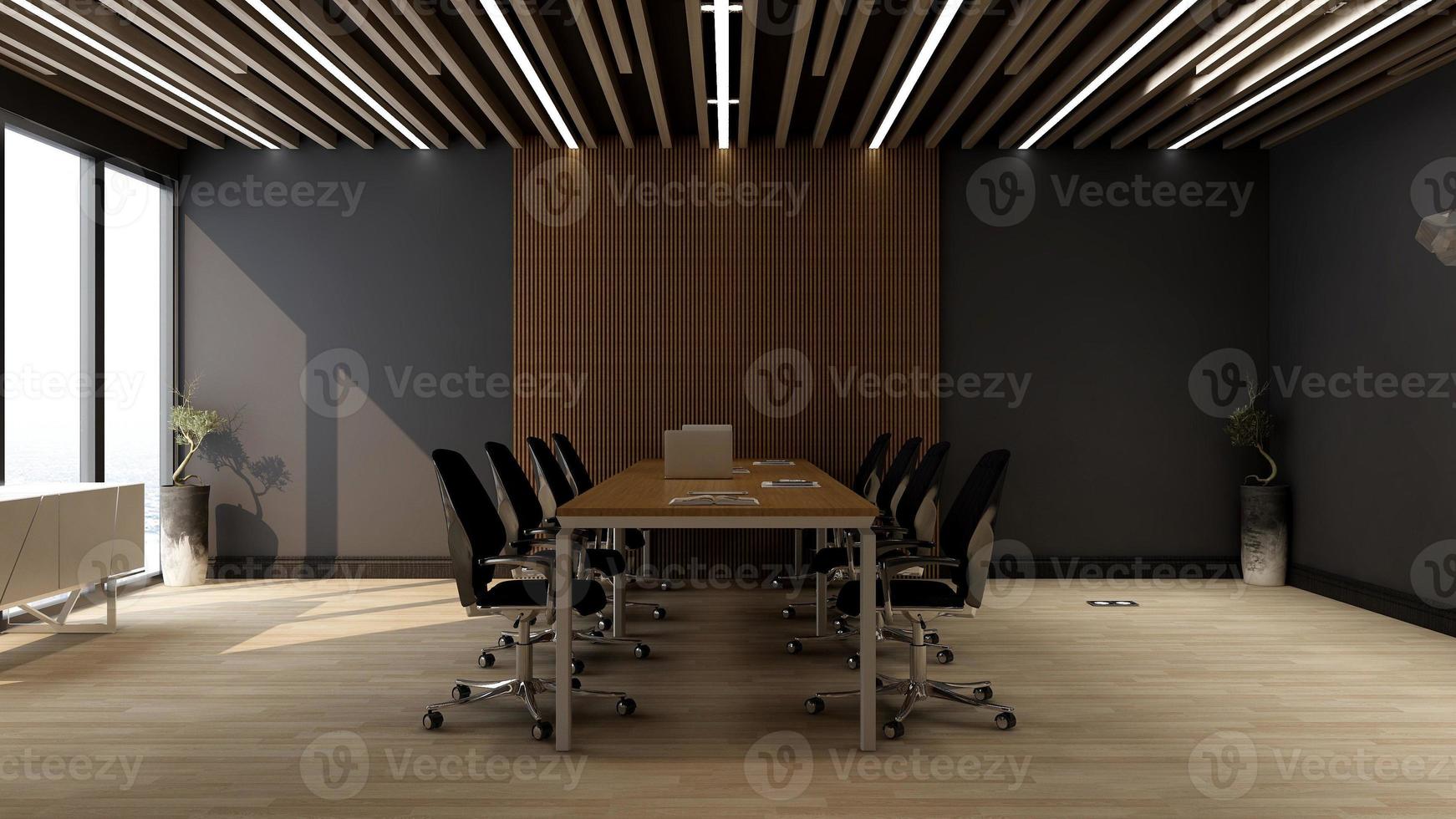 rendering 3d dell'area di lavoro dell'ufficio moderno mockup della sala riunioni foto