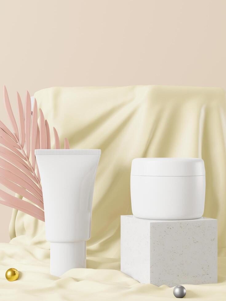 un mock up di coppia realistico bianco vuoto cosmetico tubo e vaso isolato su sfondo chiaro con foglia, rendering 3d, illustrazione 3d foto