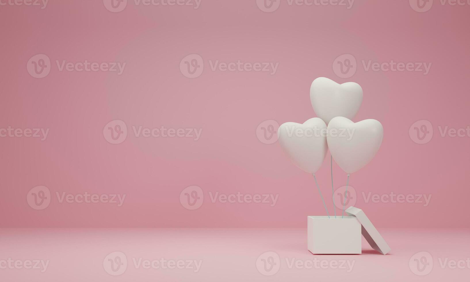 rendering 3D. confezione regalo aperta con cuore a palloncino su sfondo rosa pastello. concetto minimo. foto
