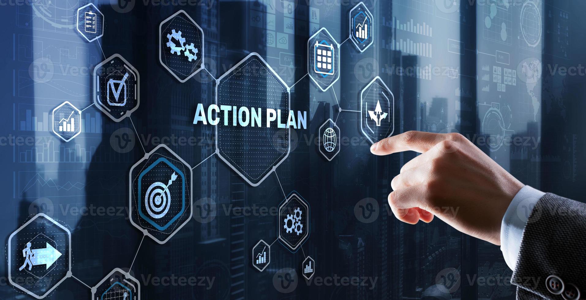 concetto di strategia del piano d'azione aziendale sullo schermo virtuale. gestione del tempo foto