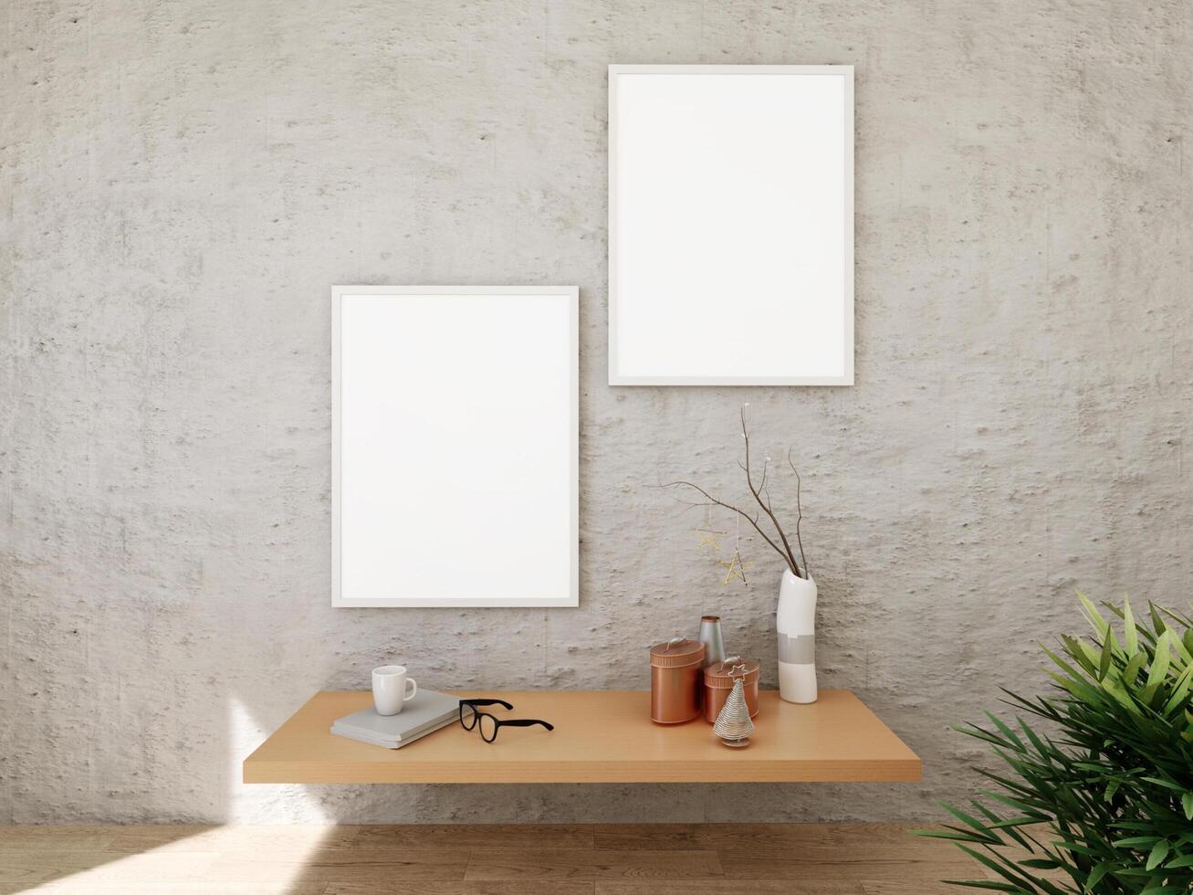 mock up di cornice poster in pavimento in legno interni moderni in soggiorno con alcuni alberi isolati su sfondo chiaro, rendering 3d, illustrazione 3d foto