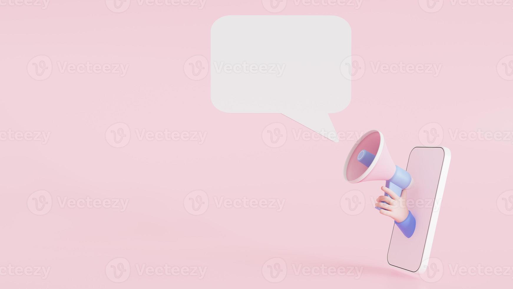 l'illustrazione 3d annuncia il banner di notifica segno cartone animato mano che tiene il megafono che esce dal telefono cellulare su sfondo rosa con spazio per la copia foto