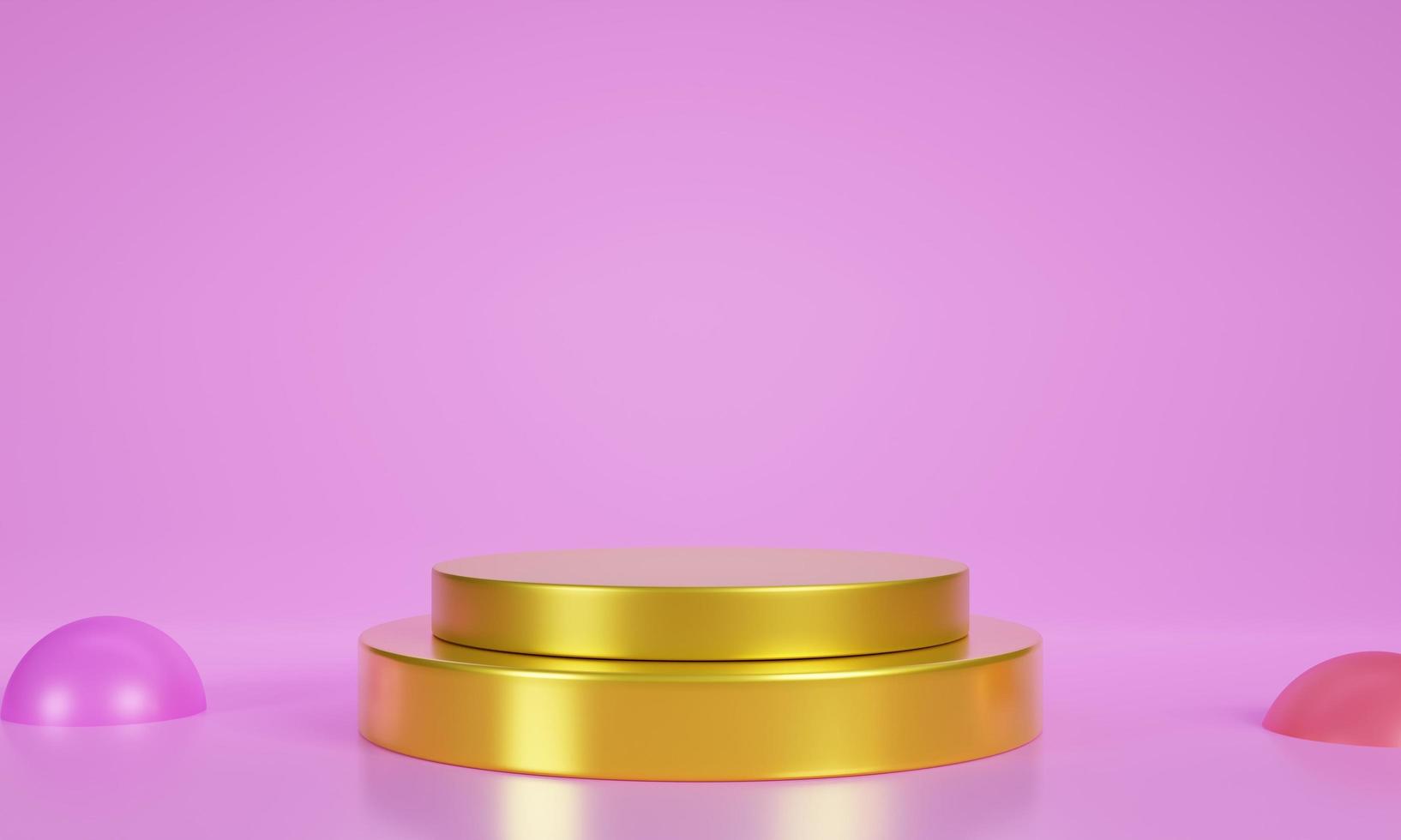podio a due livelli, colore oro, per esporre prodotti su superfici e fondi rosa. piedistalli del cerchio dorato impilati uno sopra l'altro. rendering 3D foto