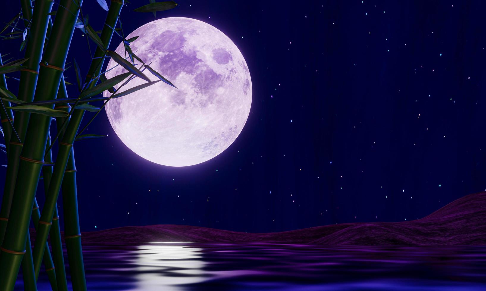 notte di luna piena o superluna riflessa sul mare. c'è uno sfondo di bambù. l'immagine in stile zen sembra calma, alberi di bambù e superficie dell'acqua. rendering 3D foto