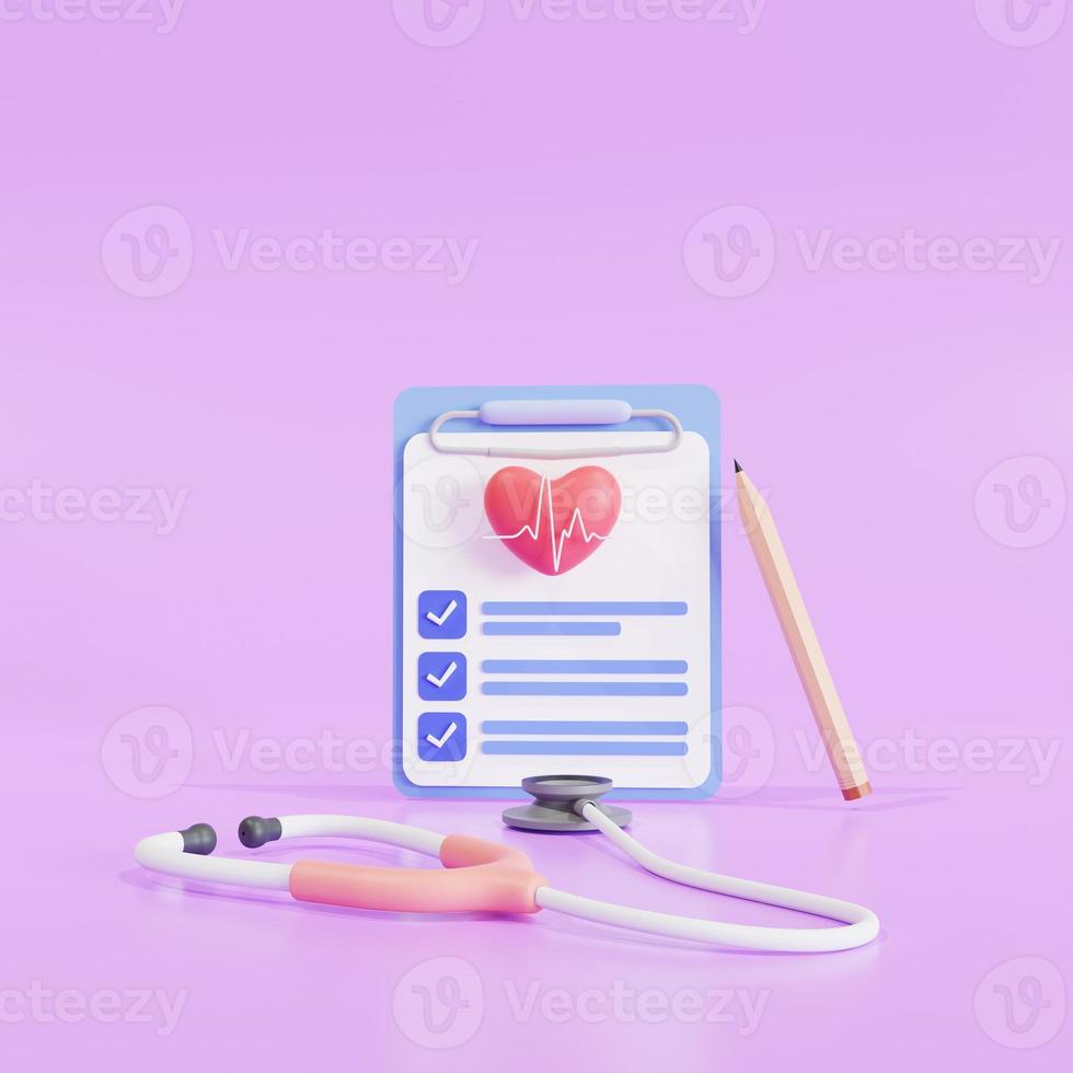 icona check-up medico appunti checklist, test di prevenzione delle malattie cardiovascolari, diagnostica cardiaca, servizio di elettrocardiografia, procedura ecg, illustrazione 3d foto