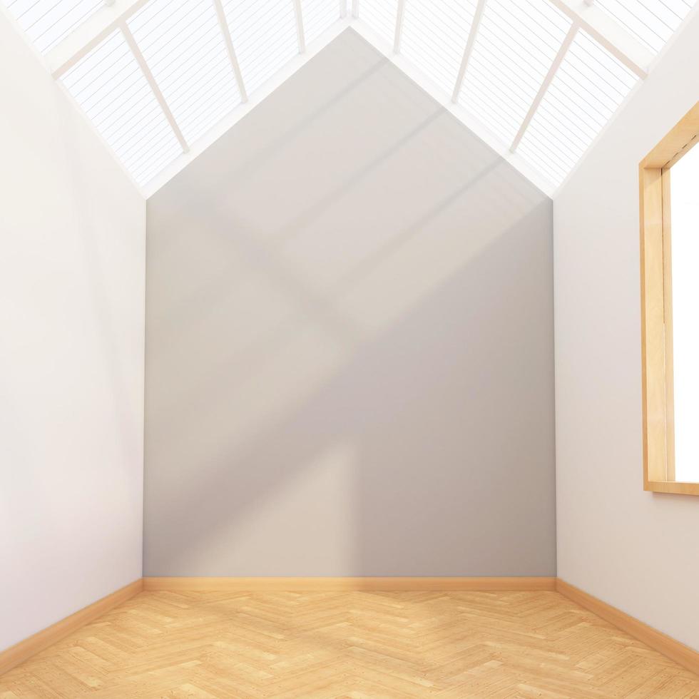 stanza vuota con tetto traslucido e pareti grigie, pavimento in legno, interni nordici. rendering 3D foto