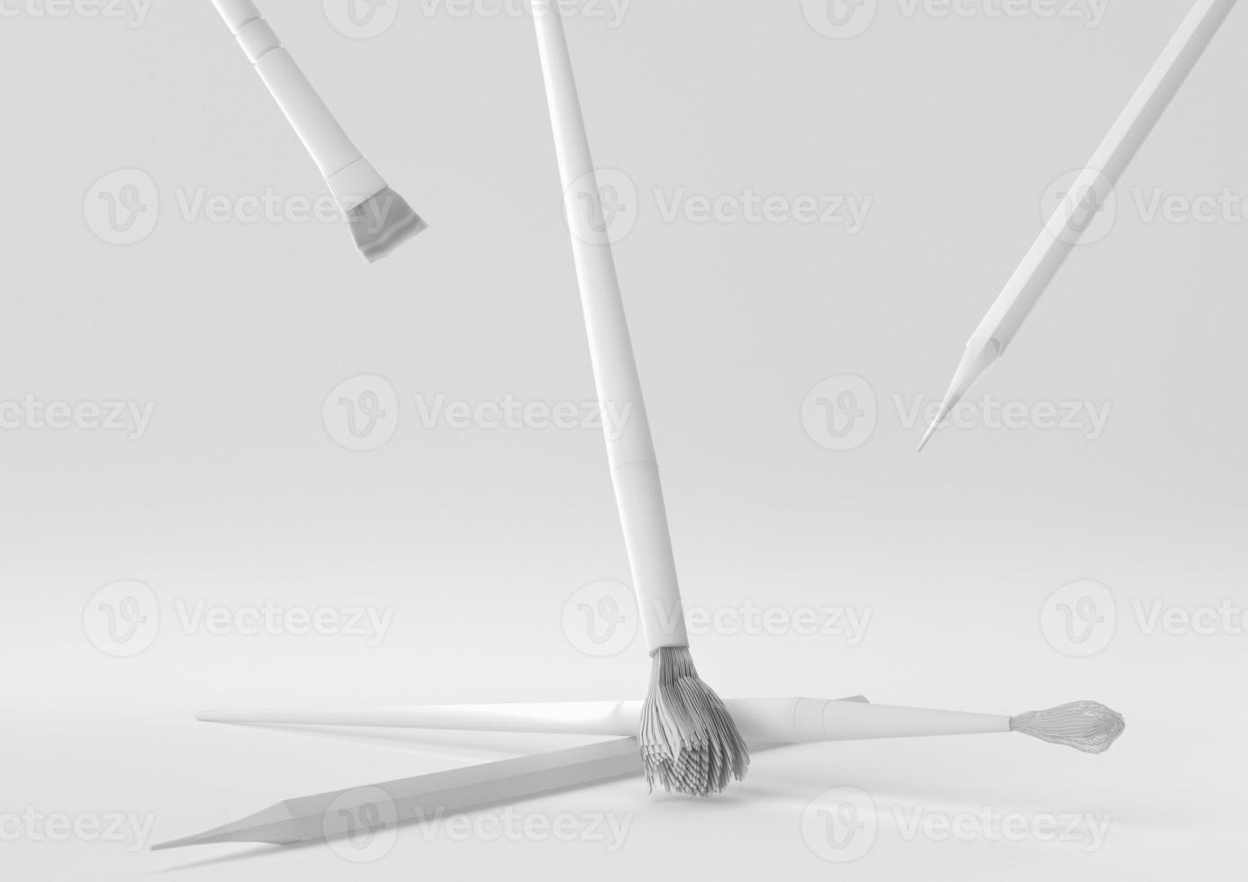 pennelli bianchi sporchi galleggianti su sfondo bianco. idea di concetto minimale creativa. monocromo. rendering 3d. foto