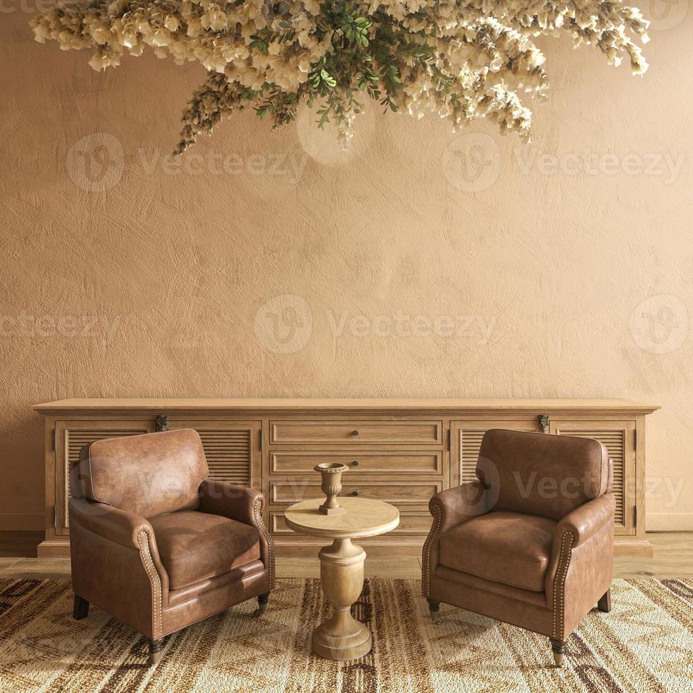 mockup di soggiorno interno fattoria con poltrona, tavolo e lampada con fiori secchi. illustrazione di rendering 3d in stile boho su sfondo beige vuoto. foto