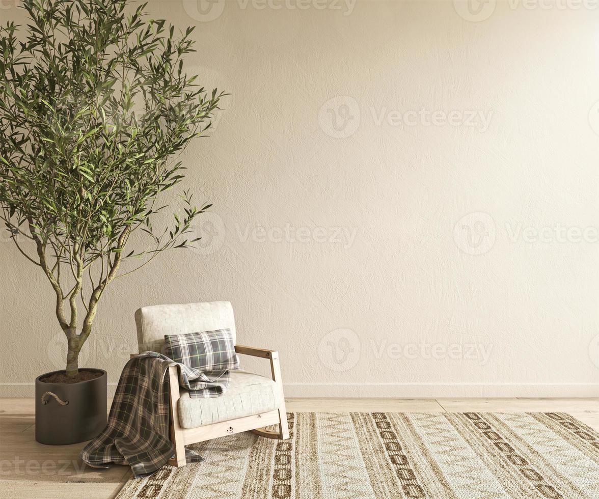 soggiorno di design d'interni scandinavo boho. mock up muro vuoto beige con poltrona e ulivo. illustrazione di rendering 3d. foto