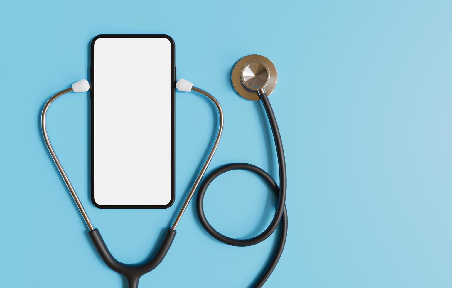 stetoscopio e smartphone su sfondo blu, mockup di smartphone per la salute dell'app, ottenere una consulenza online dal medico tramite smartphone, concetto di consultazione online del medico. rendering 3D. foto