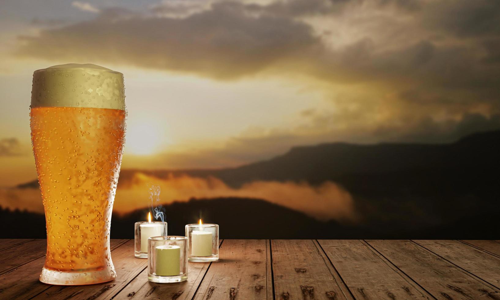 bicchiere da birra chiaro con birra fredda piena e schiuma all'imboccatura del bicchiere e goccioline d'acqua aderiscono ai bordi. tavolato o superficie in legno e con paesaggi montani al sole del mattino. rendering 3D foto