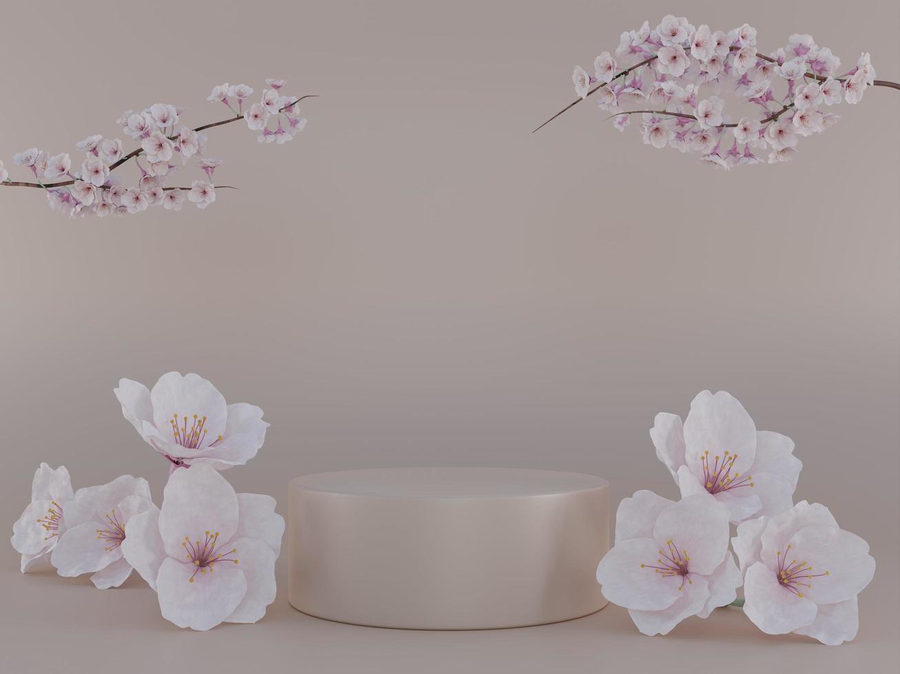 podio cilindrico con fiori di ciliegio 3d rendering illustrazione foto