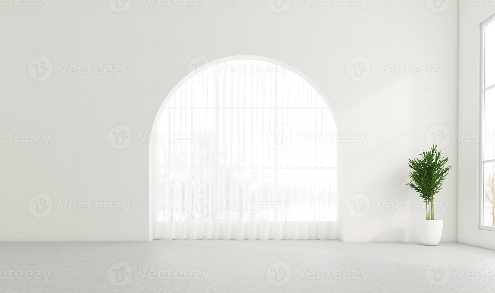 stanza vuota con finestra ad arco e parete bianca. rendering 3D foto