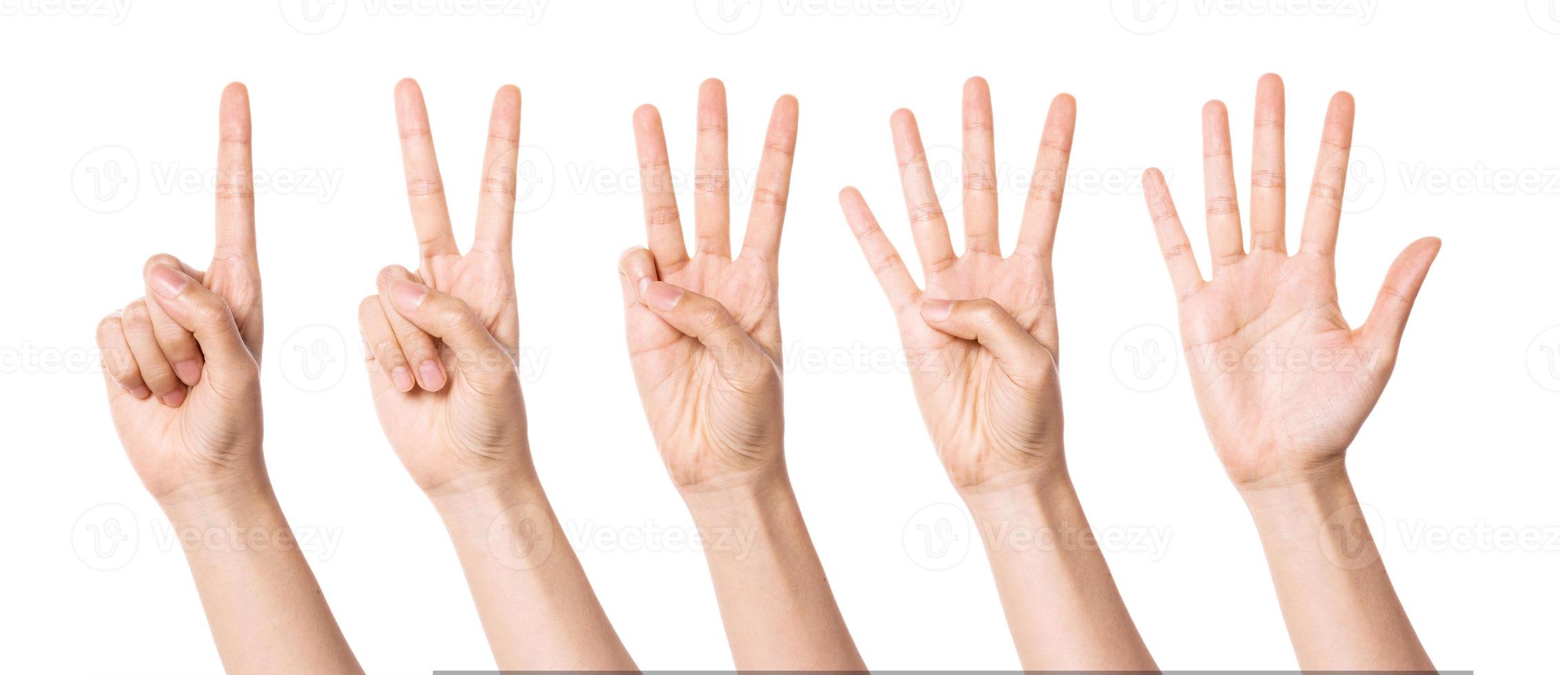 la mano della donna fa i numeri isolati su bianco. foto