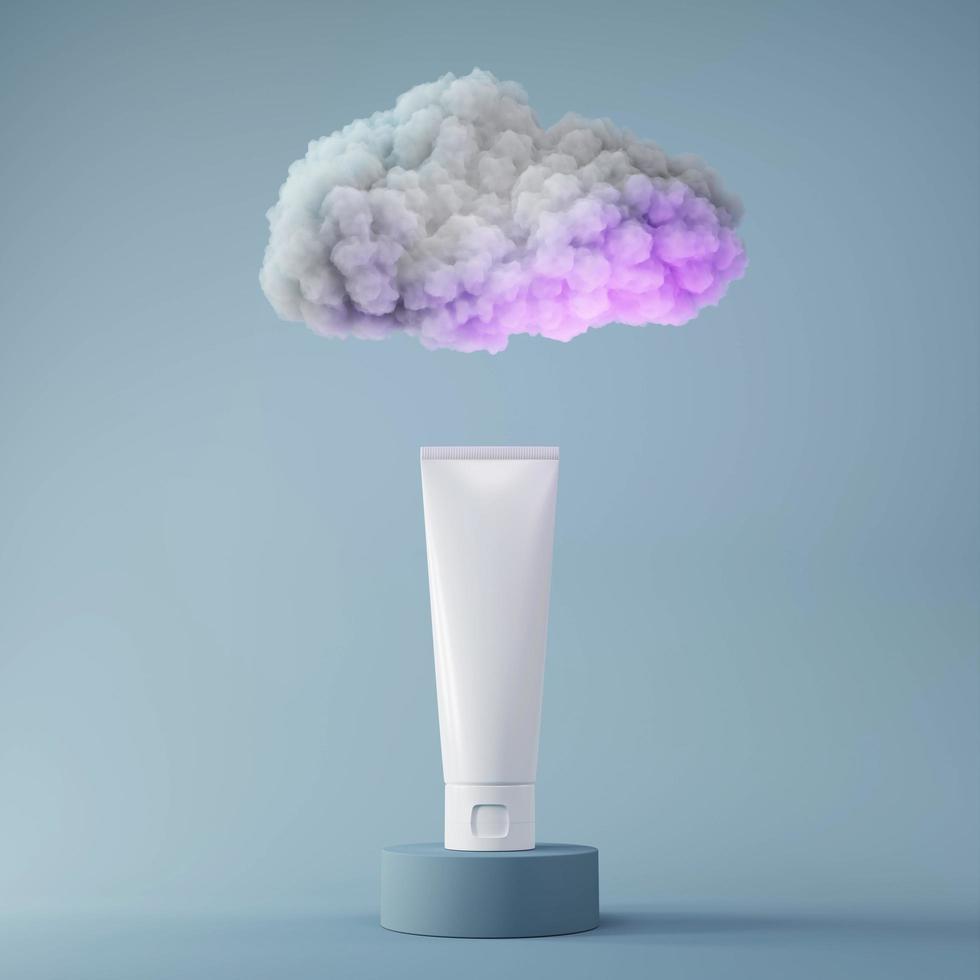 tubo del prodotto cosmetico con soffice nuvola 3d rendering illustrazione foto