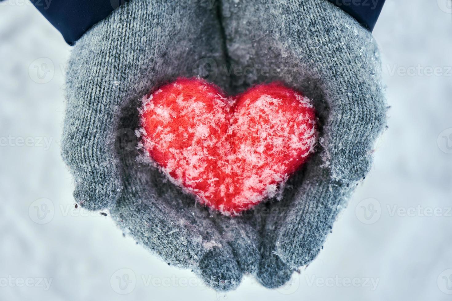 mani femminili in guanti di lana che tengono cuore di lana rosso con fiocchi di neve all'aperto foto