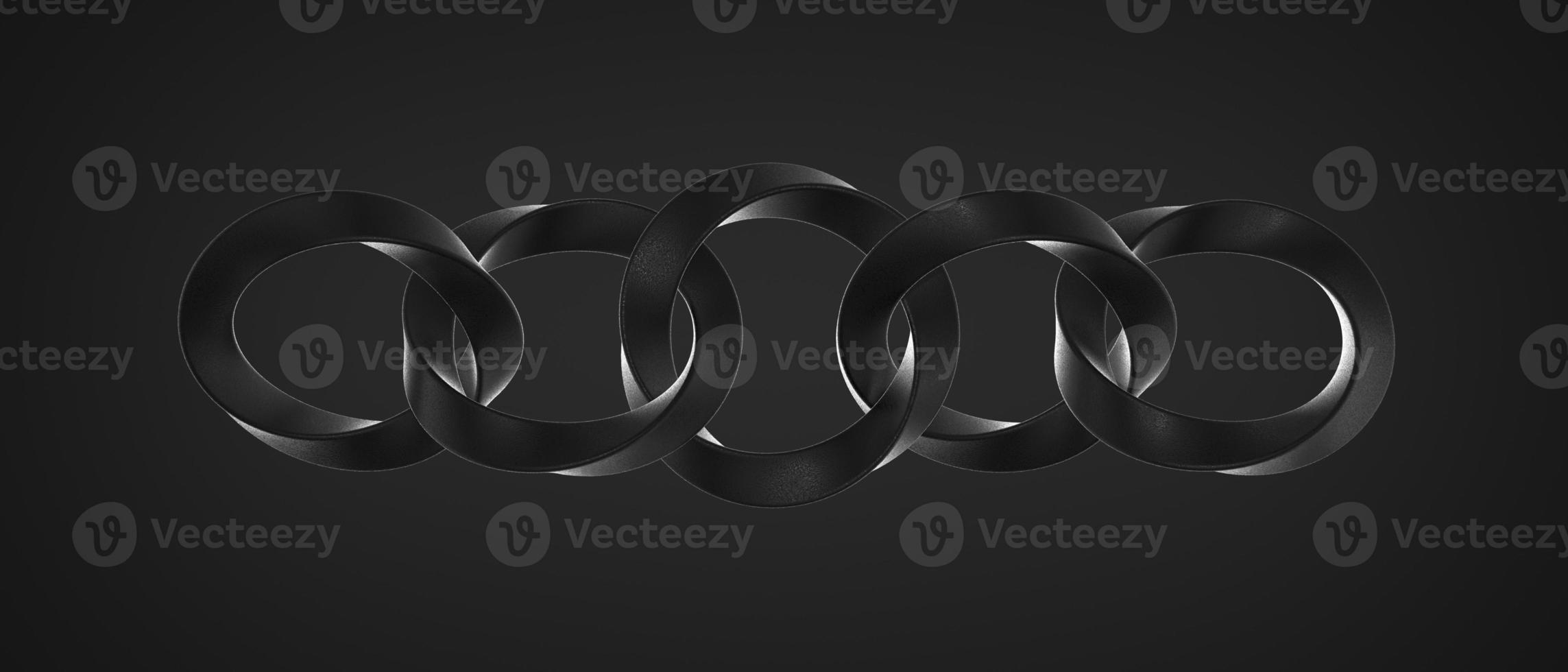 Rendering 3d astratto sfondo scuro, anelli neri, catena di elementi curvi. intestazione del sito Web orizzontale elegante. foto