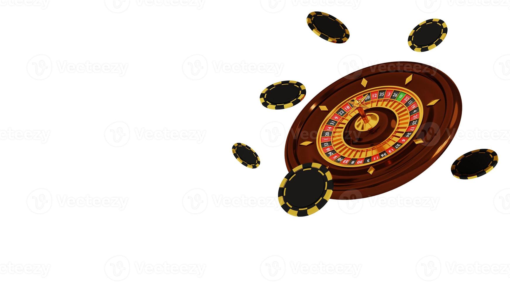 ruota della roulette del casinò e fiches da poker isolati su sfondo bianco. illustrazione 3d. gioco d'azzardo alla roulette del casinò online foto