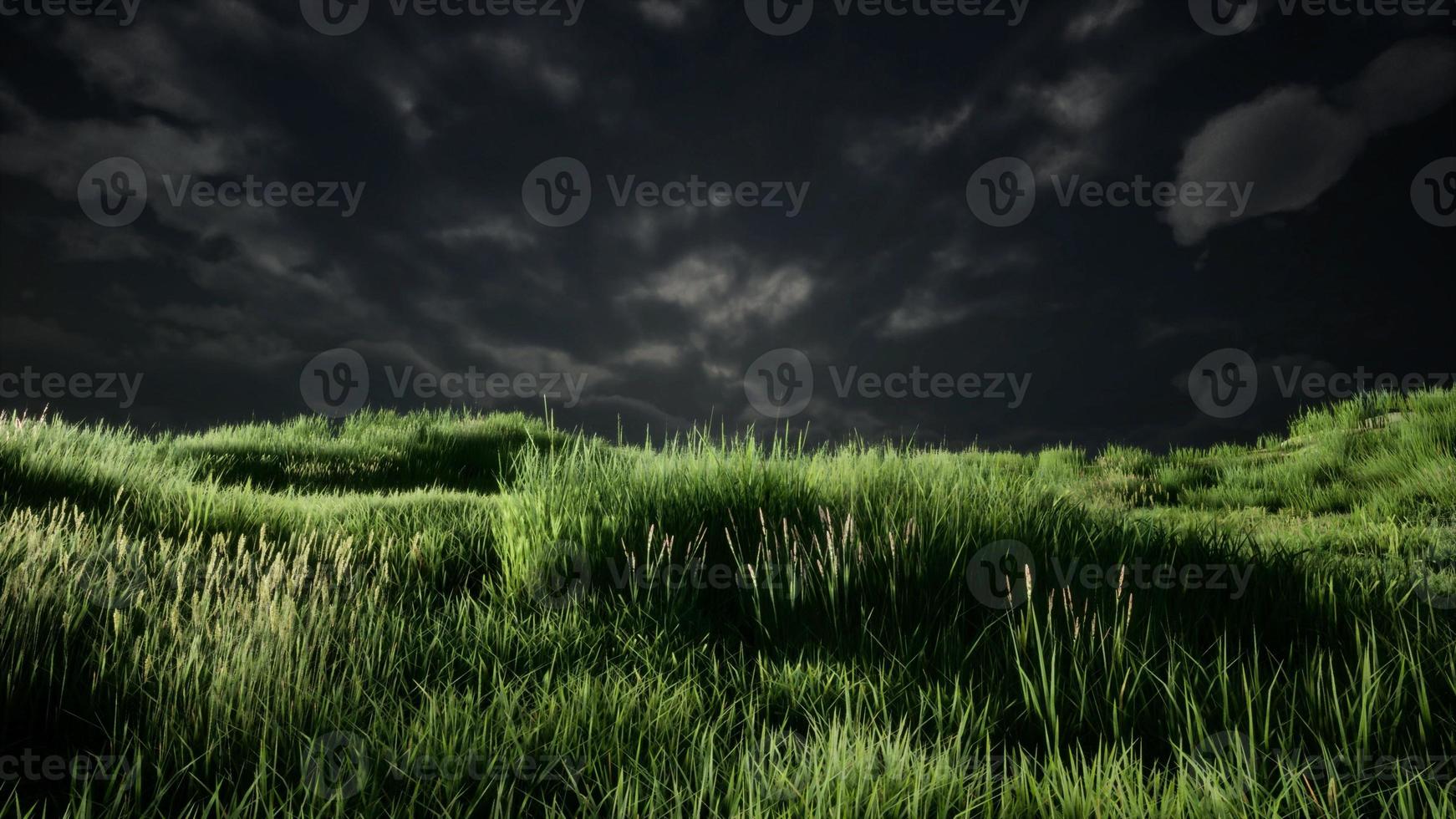 nuvole temporalesche sopra il prato con erba verde foto