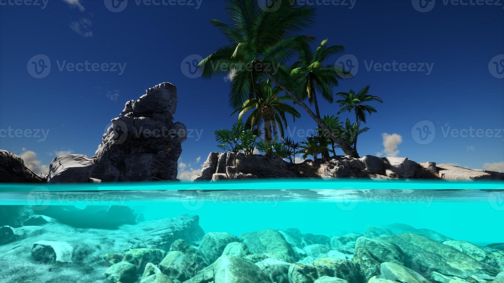 vista suddivisa sezione trasversale di acqua di mare e palme sull'isola foto