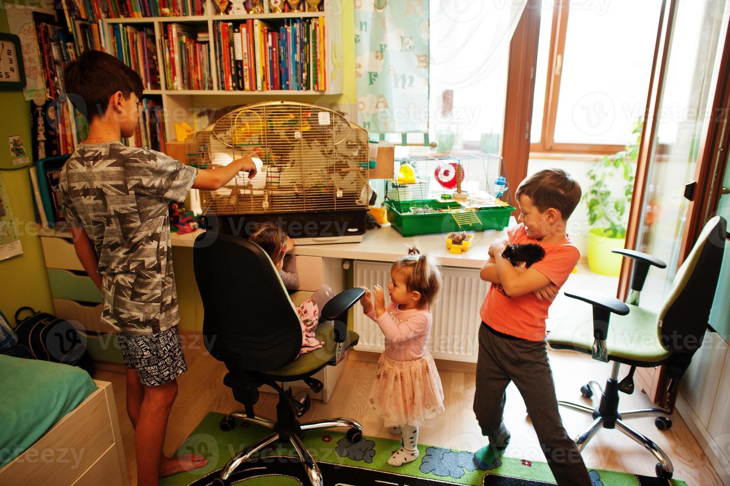 quattro bambini che tengono in mano i loro animali preferiti. bambini che giocano con criceti, tartarughe e pappagalli a casa. foto