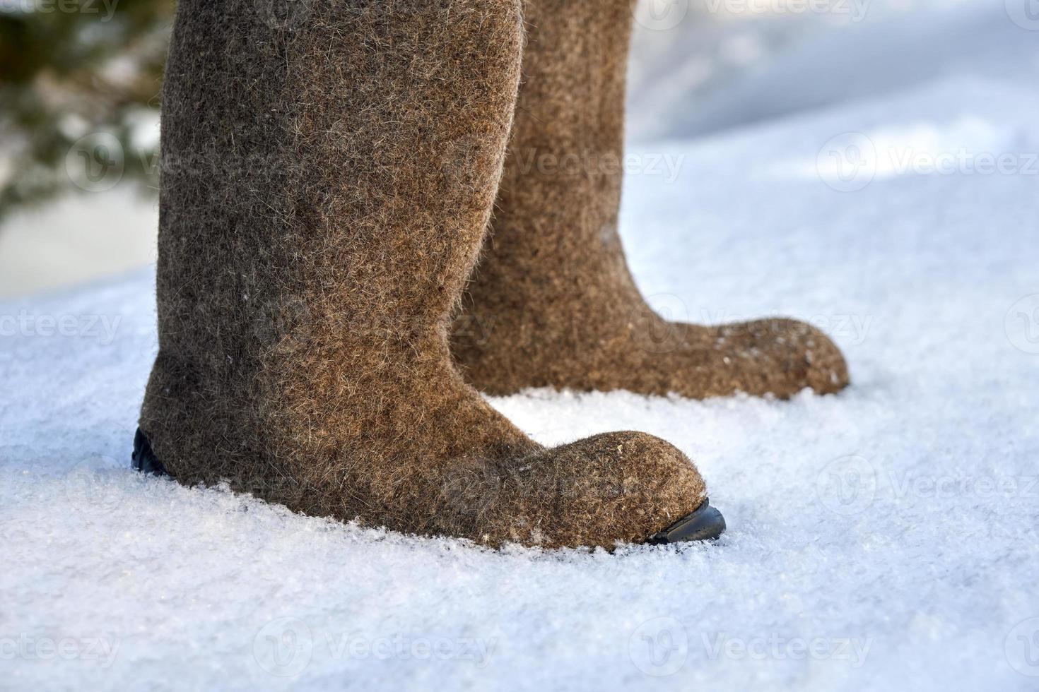 paio di scarpe invernali russe in feltro valenki sulla neve bianca foto