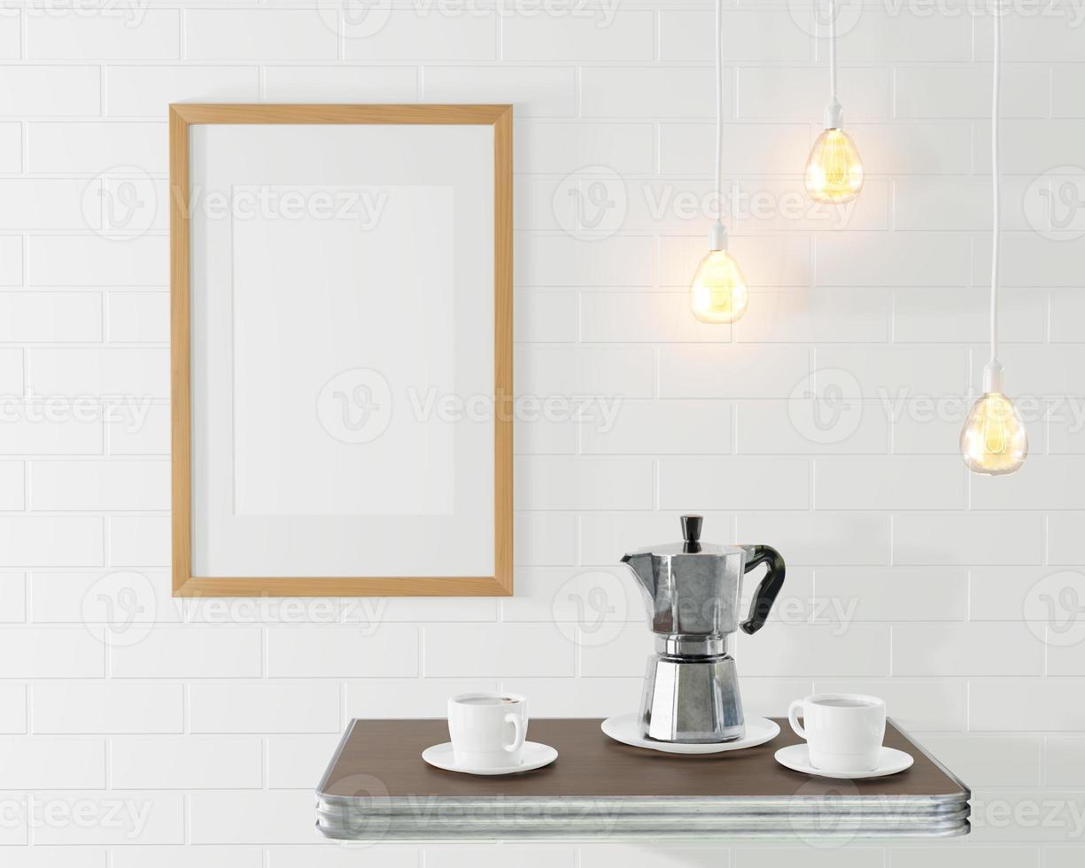 la cornice del mockup in legno per l'immagine all'interno del loft. caffè concettuale con un muro di mattoni e lampade vintage. vecchia caffettiera e tazze. rendering 3D foto