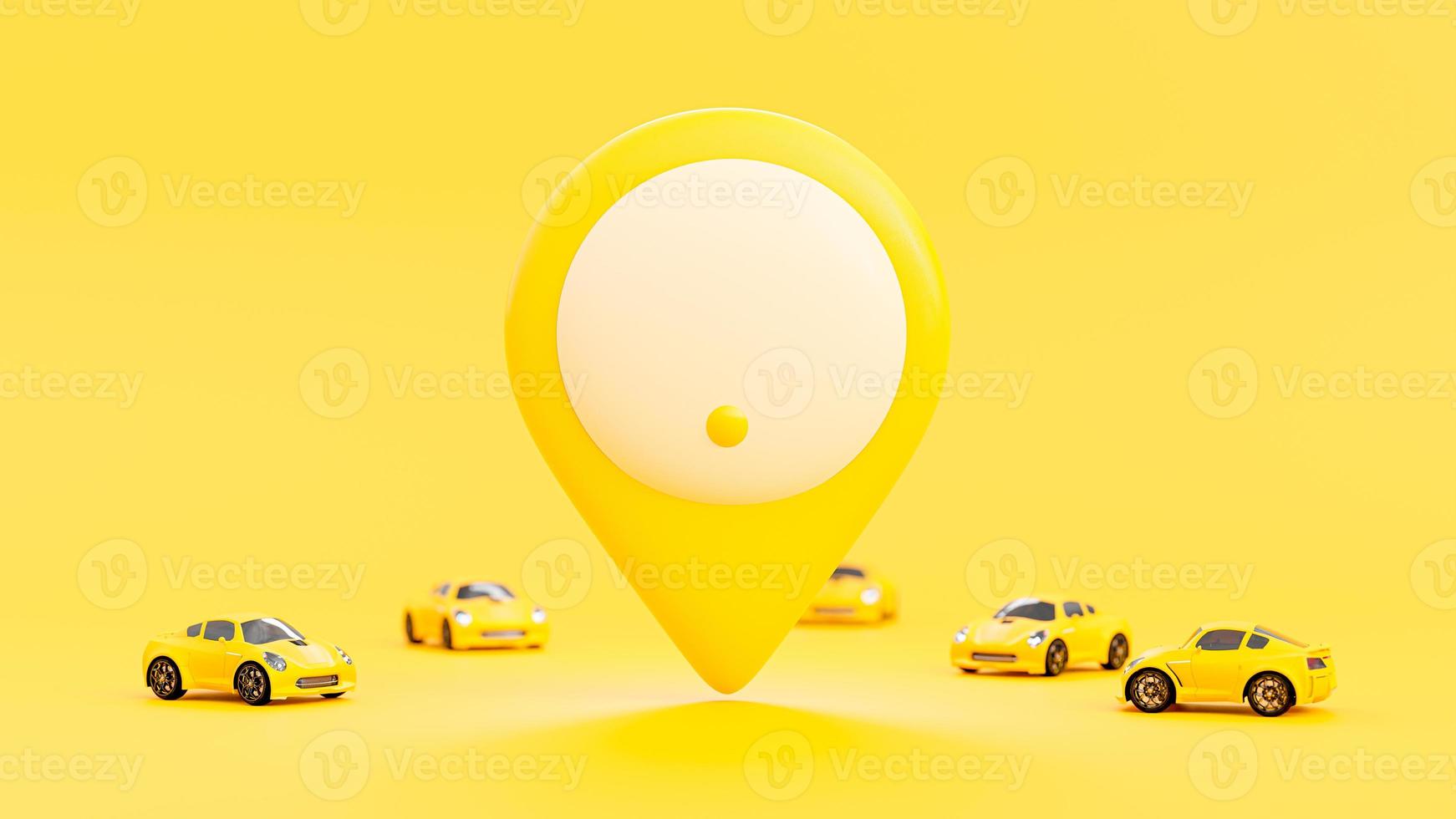 macchina gialla che va allo stesso obiettivo. grande spilla gialla al centro dell'immagine. concetto di idea minima, rendering 3d. foto
