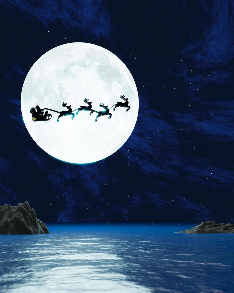 sagoma babbo natale e renne con volare nel cielo scuro con luna piena e molte stelle. il concetto per la vigilia di Natale. la super luna si riflette nel mare. un'onda l'oceano verso l'isola. rendering 3D foto