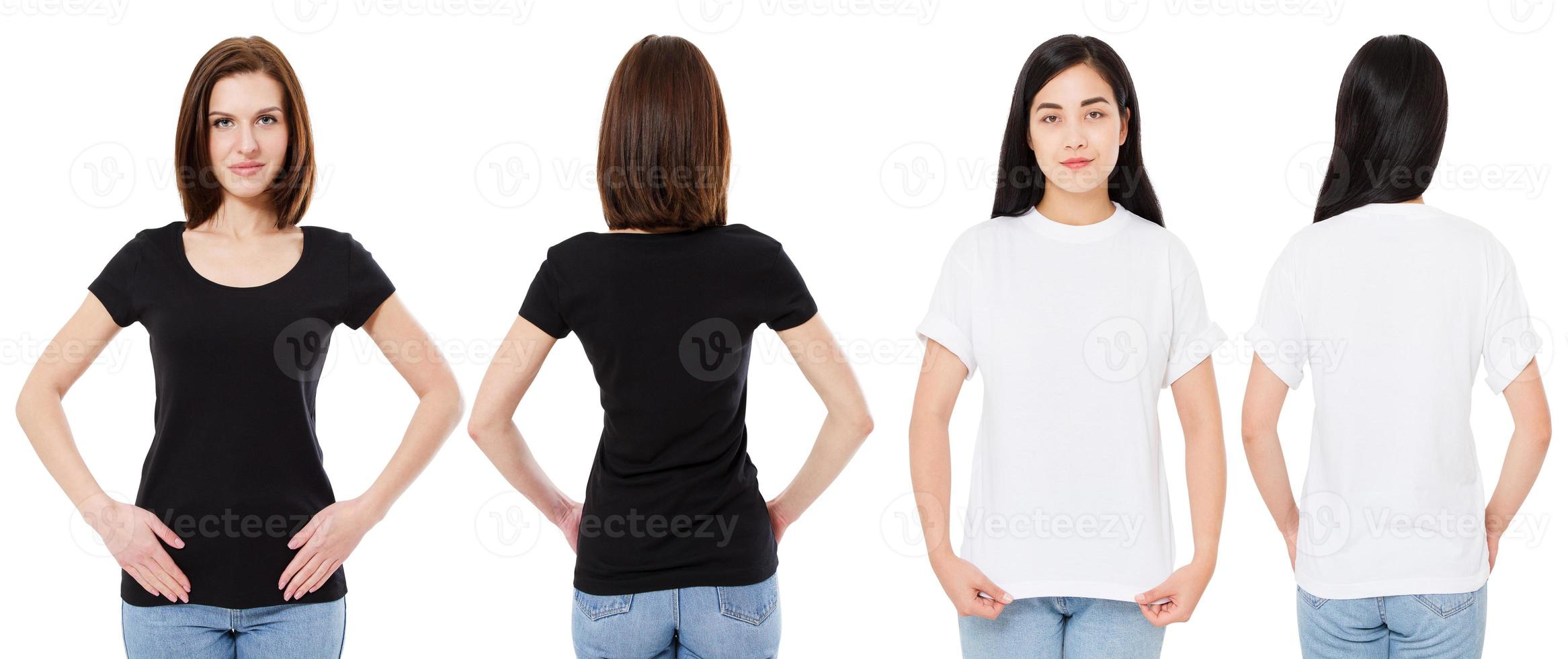 donna coreana e bianca in t-shirt bianca e nera bianca vista anteriore e posteriore, mock up, modello di progettazione foto