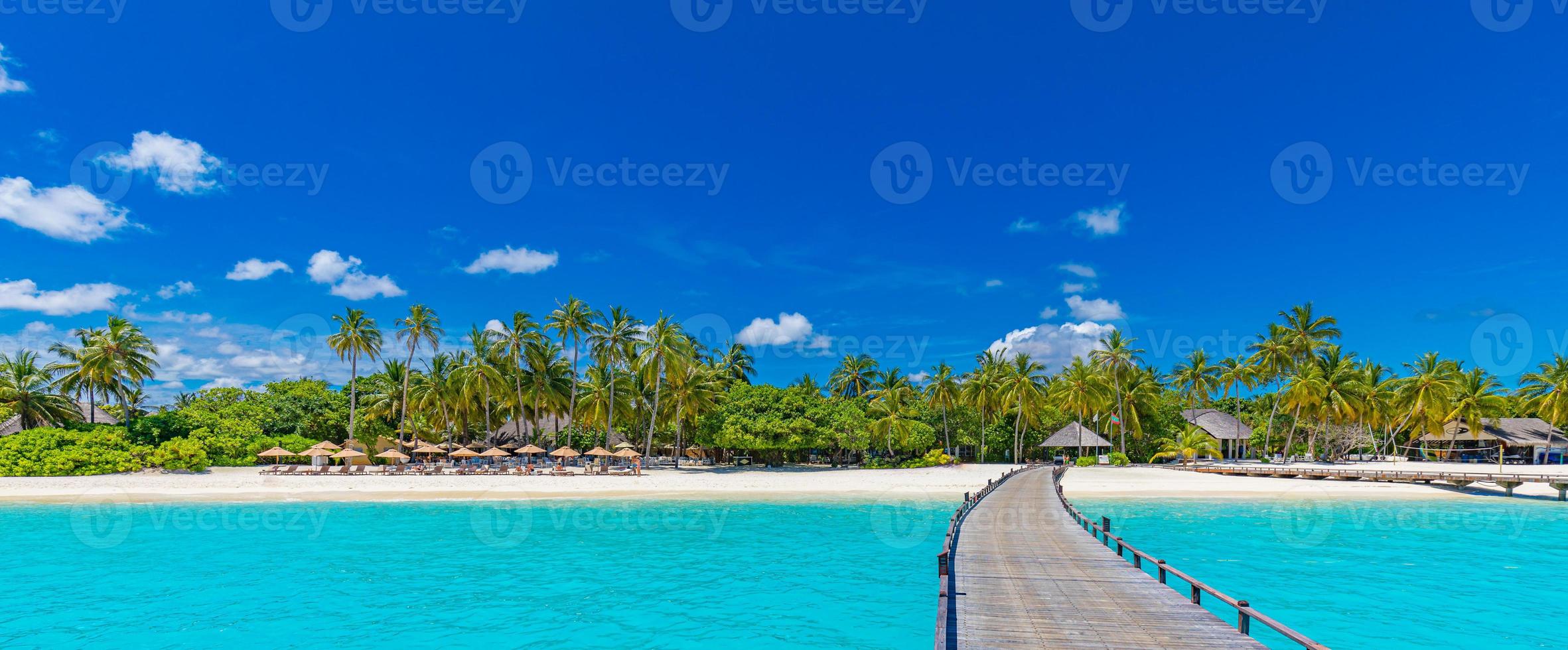 incredibile panorama alle maldive. ville resort di lusso vista sul mare con palme, sabbia bianca e cielo blu. bellissimo paesaggio estivo. incredibile sfondo della spiaggia per le vacanze. concetto di isola paradisiaca foto