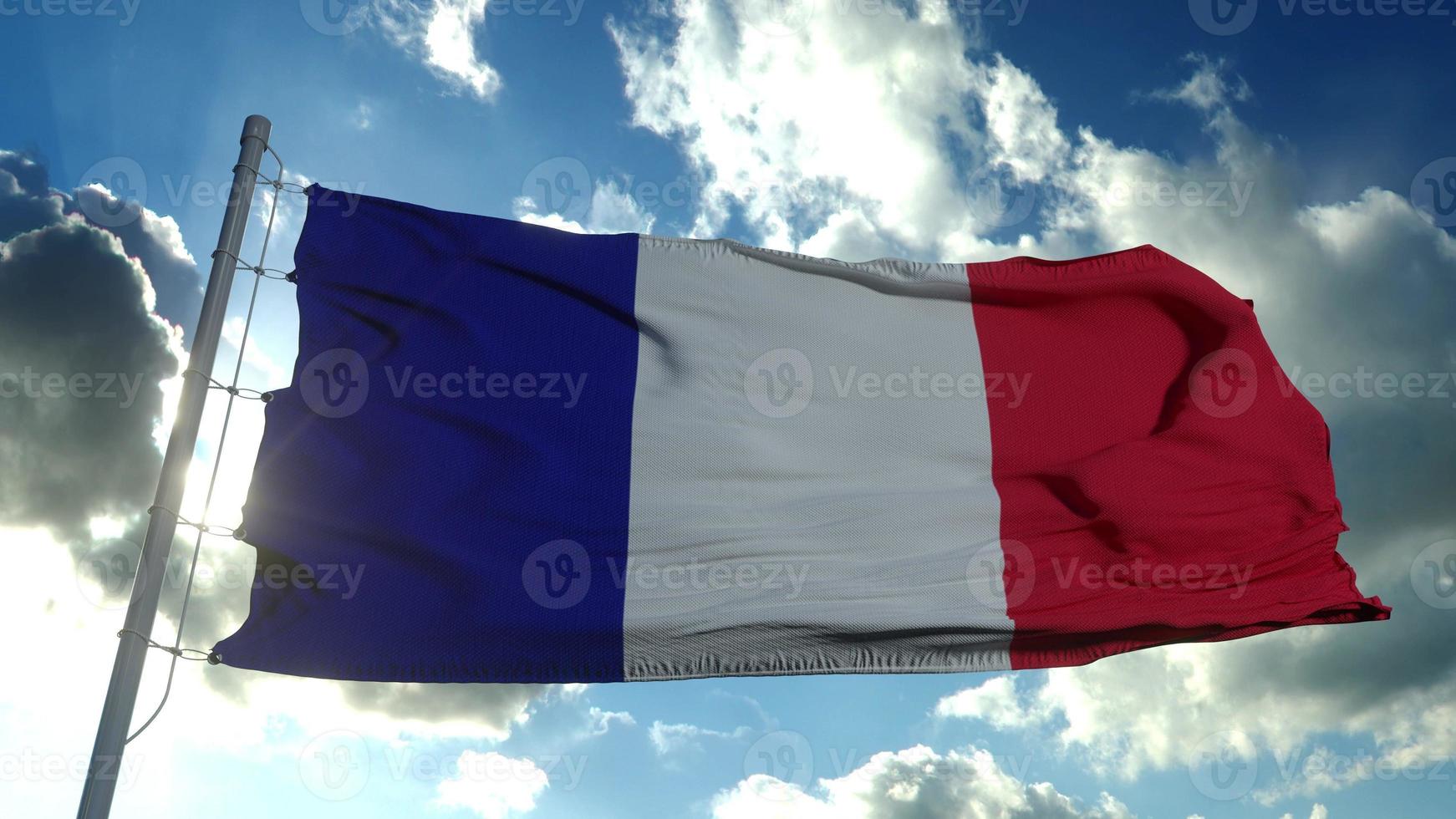 la bandiera nazionale della Francia sventola nel vento contro un cielo blu. rendering 3D foto