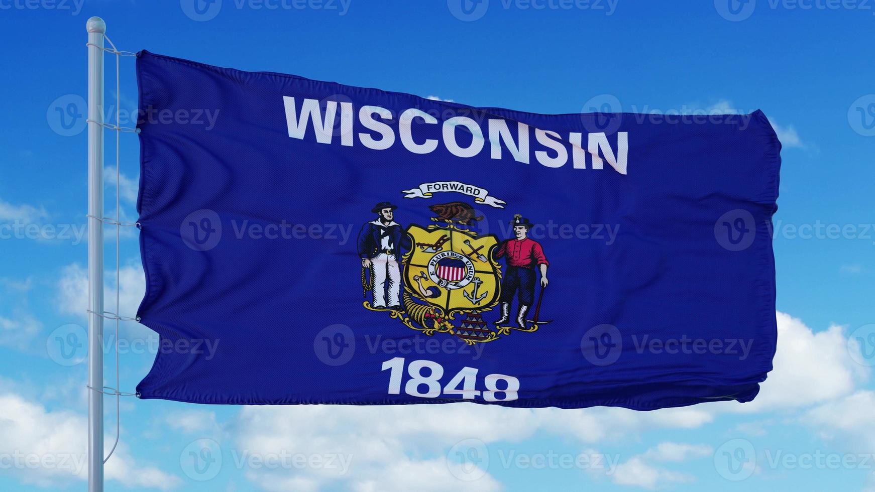 bandiera del Wisconsin su un pennone che sventola nel vento, sfondo blu del cielo. rendering 3D foto