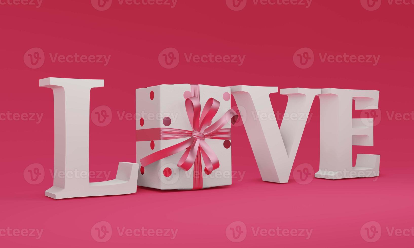 3d rendering bianco amore testo e confezione regalo su sfondo rosa per San Valentino foto