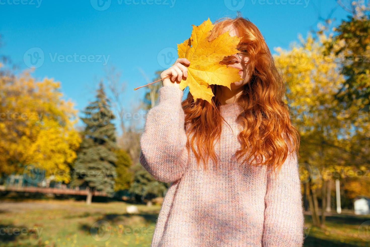 ritratti di un'affascinante ragazza dai capelli rossi con un viso carino. ragazza in posa nel parco autunnale con un maglione e una gonna color corallo. nelle mani di una ragazza una foglia gialla foto