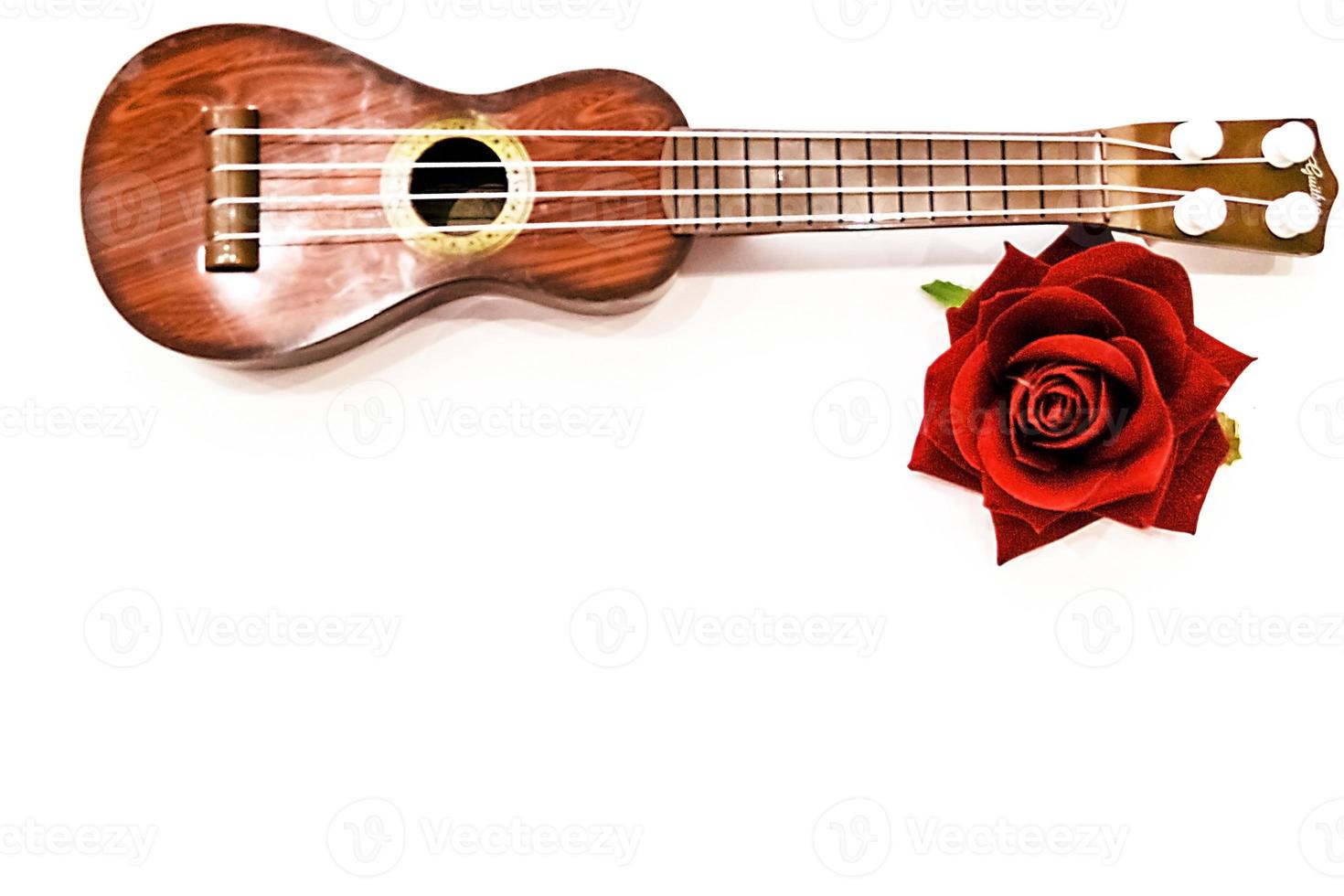 chitarra acustica e fiore di rosa rossa, isolato su bianco foto