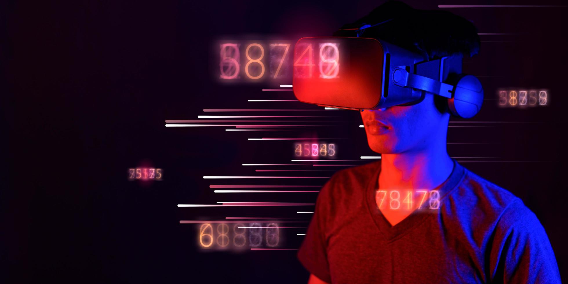 occhiali di realtà virtuale. realtà aumentata, gioco, concetto di tecnologia futura. vr simulato il mondo del vestito futuristico della postura del corpo del metaverso foto