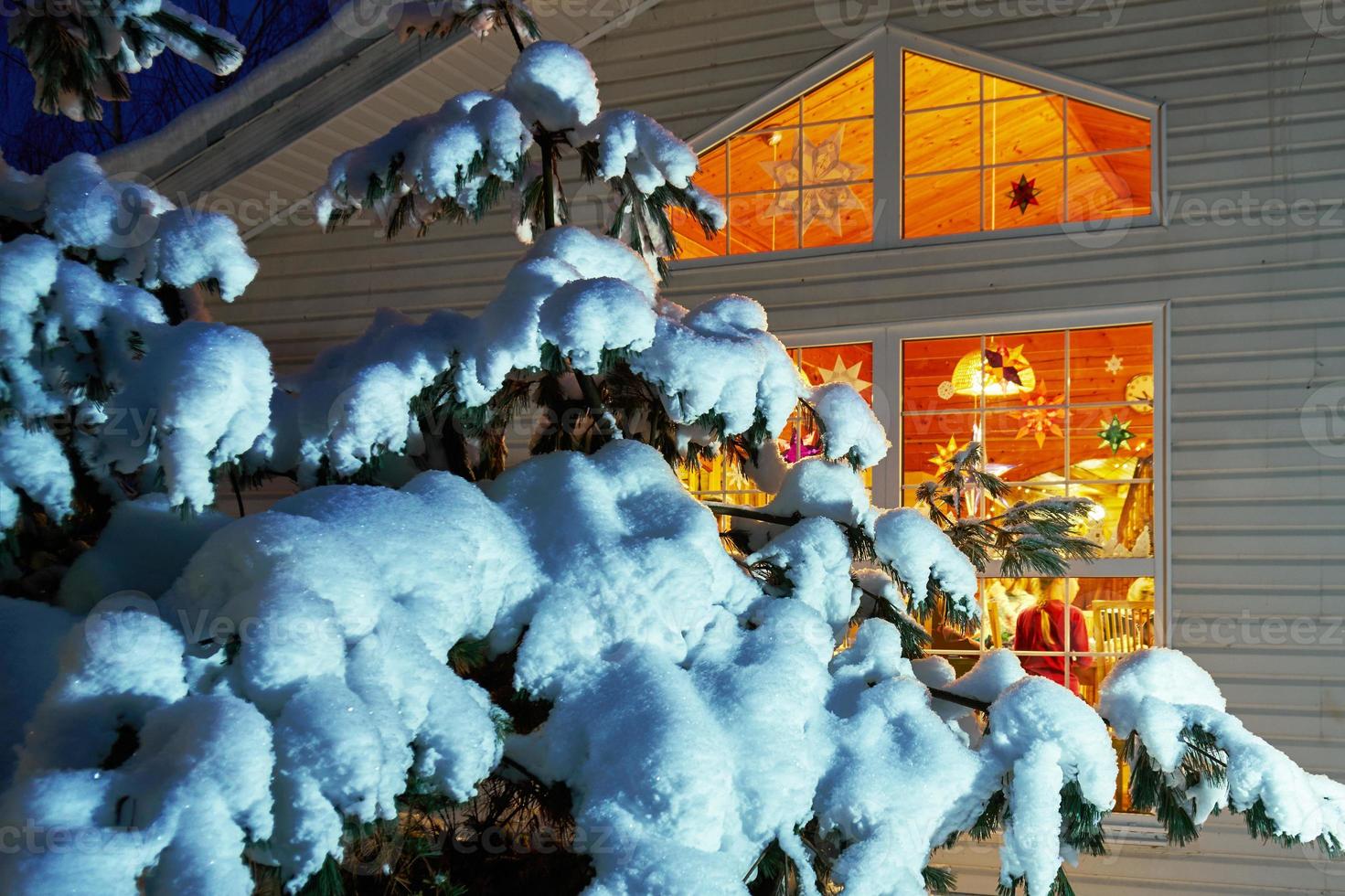 cedro coperto di neve che cresce vicino a una finestra luminosa di un cottage nella notte di Natale foto