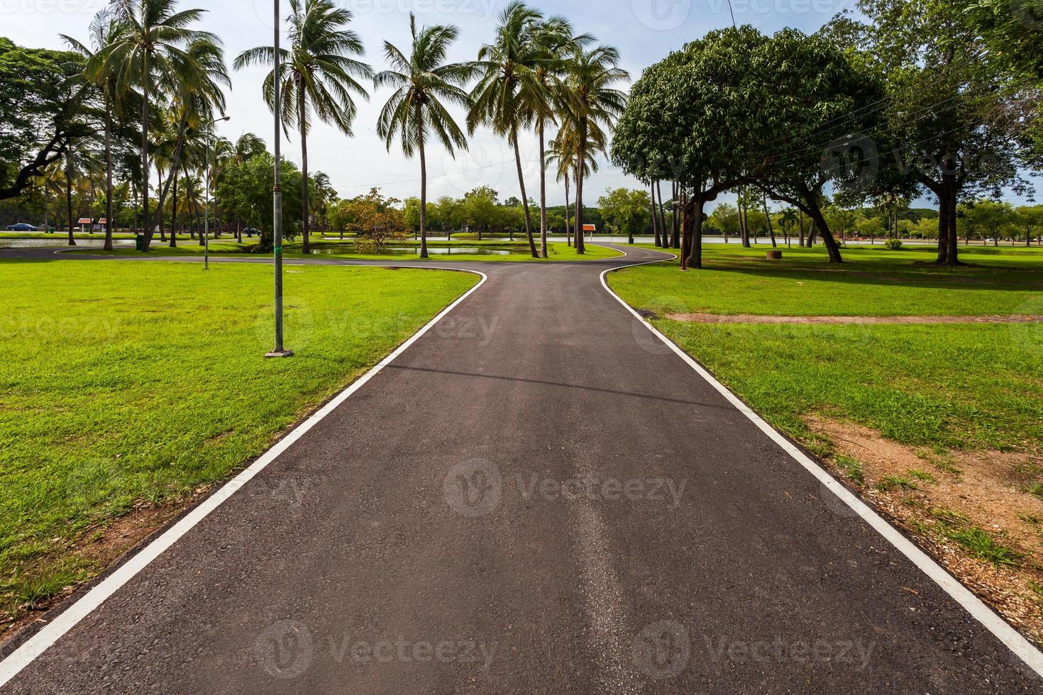 strada asfaltata nel parco storico di Sukhothai in Tailandia foto