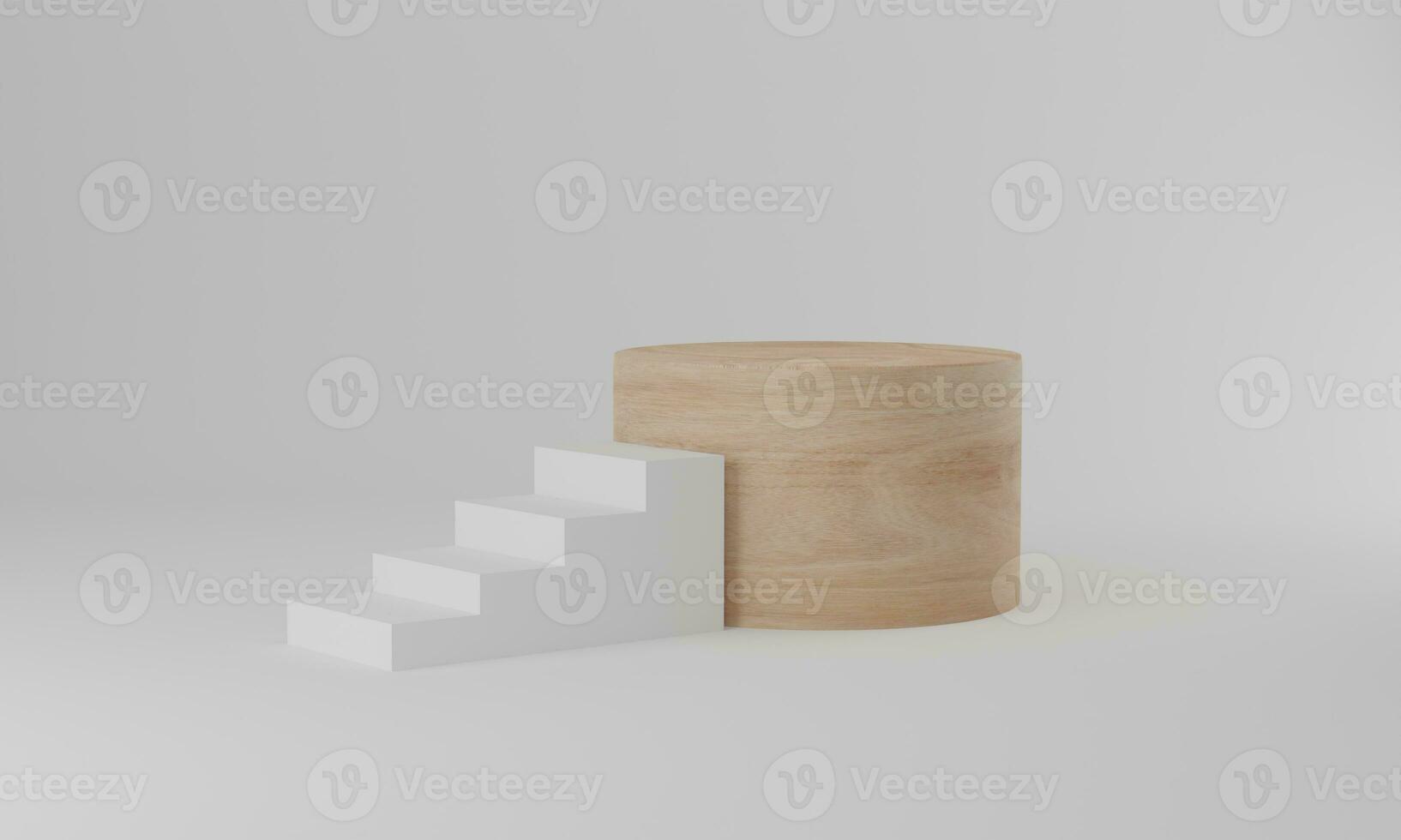 rendering 3D. sfondo minimale astratto, scale bianche con podio a cilindro in legno su sfondo bianco foto